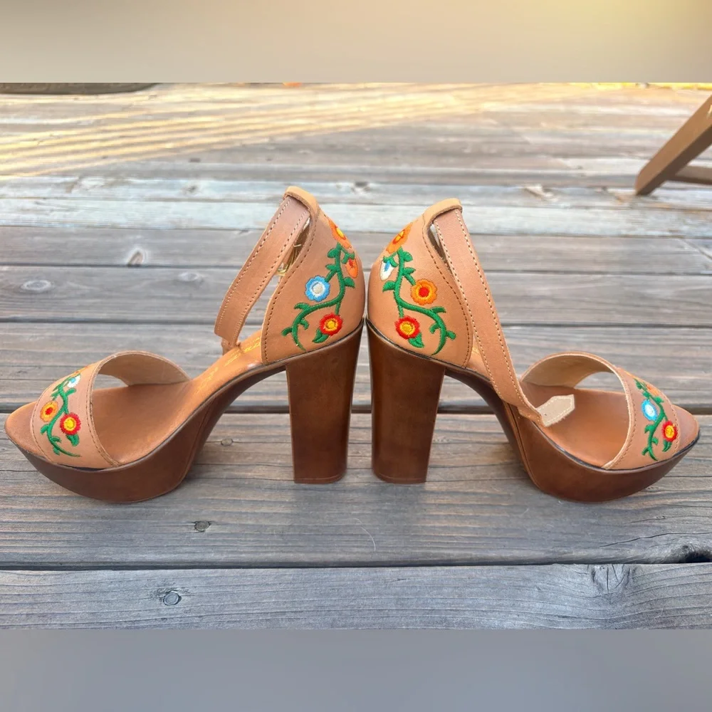 Tan Floral Embroidered Women's Heels - Picture 3 of 9